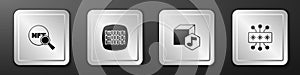 Set Search NFT, Binary code, Digital crypto art and Cyber security icon. Silver square button. Vector