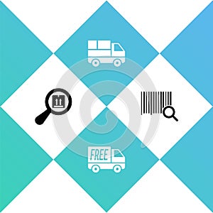 Set Search package, Free delivery service, Delivery truck with boxes and barcode icon. Vector