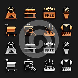 Set Searching for food, Donation money, Clothes donation, Shopping cart, Tourist tent and Bench icon. Vector