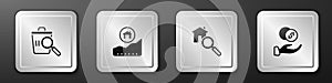 Set Searching for food, Rising cost of housing, house and Donation hand with money icon. Silver square button. Vector