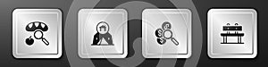 Set Searching for food, Tourist tent, money and Bench icon. Silver square button. Vector