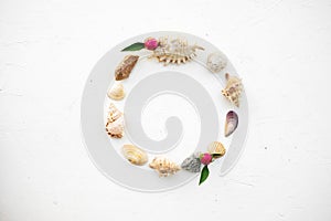 Set of seashells, stones and flowers in the shape of a circle on a beautiful white background.