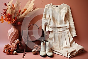 set of seasonal autumn fashion woman clothes, top view with copy space. Trendy shoes, sweater and handbag