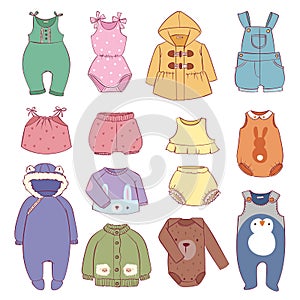 Set of seasonal infant clothes for kids babyish fashion infantile puerile cloth vector illustration