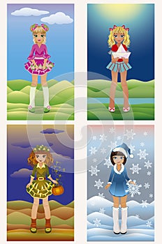 Set seasons little girls, vector illustration