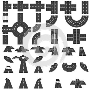 Set of sections of roads and various roundabout intersection. Top view and perspective. illustration