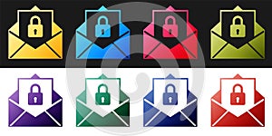Set Secure mail icon isolated on black and white background. Mailing envelope locked with padlock. Vector