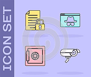 Set Security camera, Document and lock, Safe and Browser incognito window icon. Vector