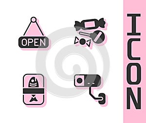 Set Security camera, Hanging sign with Open, Fish plastic tray container and Candy icon. Vector