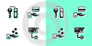 Set Security camera, Hotel door lock key, Paying tips and Digital icon. Vector