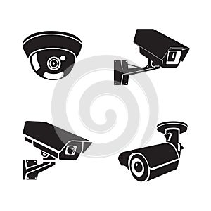 Set of security camera icons. Cctv black silhouettes.