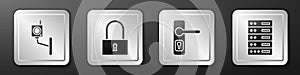 Set Security camera, Lock, Door handle and Server, Data, Web Hosting icon. Silver square button. Vector