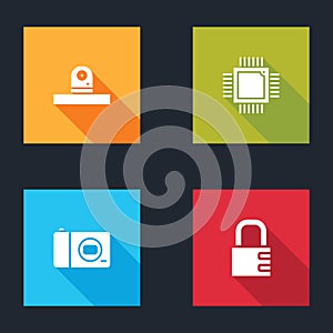Set Security camera, Processor with microcircuits CPU, Photo and Safe combination lock icon. Vector