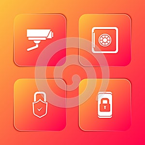 Set Security camera, Safe, Lock and check mark and Mobile with closed padlock icon. Vector