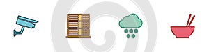 Set Security camera, Server, Data, Web Hosting, Cloud with snow and Bowl chopsticks icon. Vector