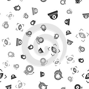 Set Security camera, System bug, Eye scan and Ringing alarm bell on seamless pattern. Vector