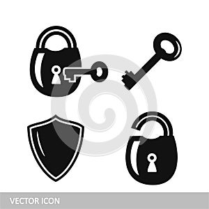 Set of security icons: lock, key and shield.