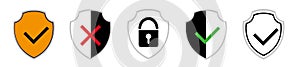 Set of security shield icons, security shields logotypes with check mark and padlock.