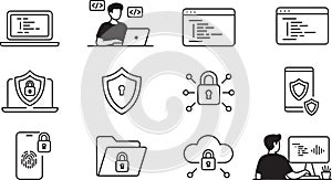 Set of security software line art symbol on transparent background for cybersecurity