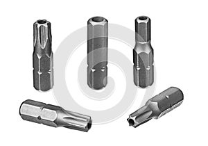 Set of security torx and hex screwdriver bits isolated on a white background