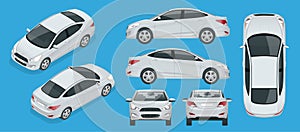 Set of Sedan Cars. Compact Hybrid Vehicle. Eco-friendly hi-tech auto. Isolated car, template for branding, advertising