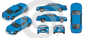 Set of Sedan Cars. Isolated car, template for branding and advertising. Front, rear , side, top and isometry front and