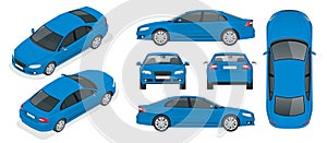 Set of Sedan Cars. Isolated car, template for branding and advertising. Front, rear , side, top and isometry front and