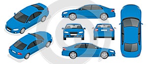 Set of Sedan Cars. Isolated car, template for branding and advertising. Front, rear , side, top and isometry front and photo