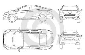 Set of Sedan Cars in outline. Compact Hybrid Vehicle. Eco-friendly hi-tech auto. Isolated car, template for branding and