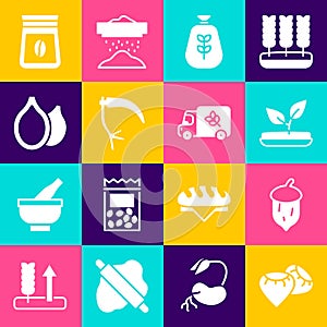 Set Seed, Acorn, oak nut, seed, Sprout, Bag of flour, Scythe, Pumpkin seeds, coffee beans and Flour truck icon. Vector