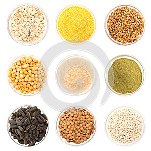 A set of seed on glass bowl isolated