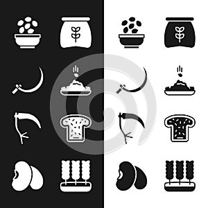 Set Seed, Sickle, Seeds in bowl, Bag of flour, Scythe, Bread toast, Wheat and Beans icon. Vector