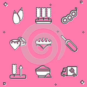 Set Seed, Wheat, Green peas, Bread loaf, Scoop flour, and Flour bowl icon. Vector