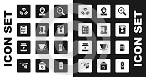Set Selection coffee beans, Coffee machine, menu, Location with cup, French press and jar bottle icon. Vector