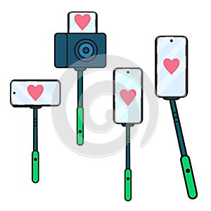 Set selfie stick icon with heart. Vector illustration isolated. Concept sign a blogger broadcast in social networks.