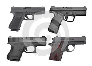 Set of semi automatic 9 m.m handgun pistol isolated on white