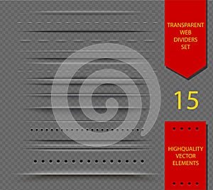 Set of semitransparent web dividers and shadow on transparent background. Transparency in additional format only