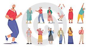 Set Of Senior Female Characters Doing Sport Exercises, Jumping, Travel Or Hiking With Backpack, Wear Indian Dress