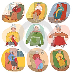 Set of senior women grandmothers sitting at home and knitting warm clothing