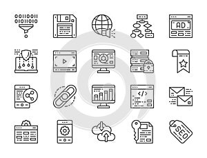 Set of SEO and Marketing Line Icons. Hosting, Bookmark, Hyperlink and more.