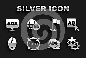 Set SEO optimization, Advertising, Social media marketing, Computer mouse, Location marker, and icon. Vector