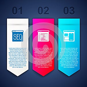 Set SEO optimization, Browser window and Web developer programming code. Business infographic template. Vector