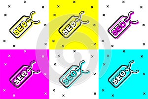 Set SEO optimization icon isolated on color background. Vector