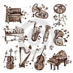 Set of sepia watercolor musical instruments.