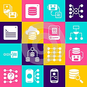 Set Server, Artificial intelligence robot, Algorithm, Cloud database, Web developer programming code, and AI icon