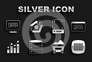 Set Server, Data analysis, Binary code, Coal mine trolley, Pie chart infographic, and Financial growth icon. Vector