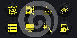 Set Server, Data, Artificial intelligence AI, Computer monitor, Processor CPU, robot, Neural network, Chat and icon