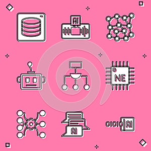 Set Server, Data, Artificial intelligence AI, Neural network, robot, Algorithm, Processor CPU, and Chat icon. Vector