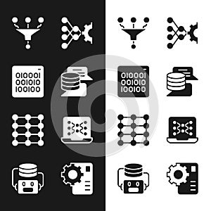 Set Server, Data, Binary code, Funnel or filter, Neural network, and Artificial intelligence robot icon. Vector