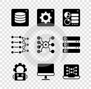 Set Server, Data, Computer api interface, Robot setting, monitor, Neural network, and icon. Vector